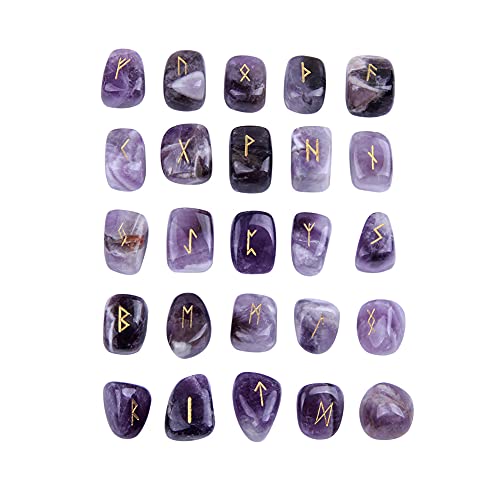 TGS Gems Amethyst Rune Stones Set Engraved Pagan Lettering with Instruction Booklet and Velvet Pouch