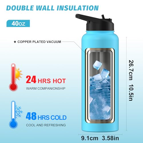 Image of 40oz Insulated Water Bottle (Cold for 48 Hrs),BPA Free&Leak Proof,Stainless Steel Water Flask,Water Jug with Straw Spout Lids for Gym,Hiking,Travel,Sky Blue