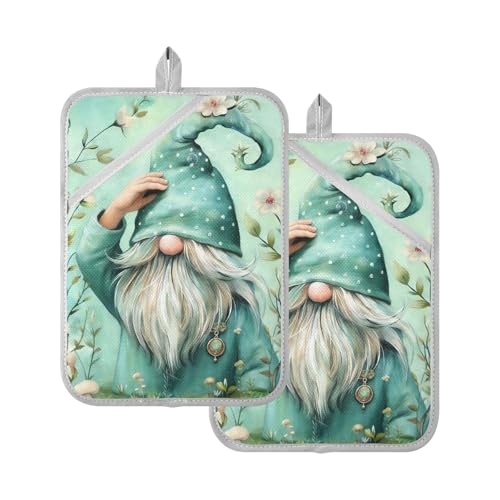 Pot Holders Sets Heat Resistant Cute Gnome on Mint Green Teal Background Pot Holders with Pockets Hotpads Oven Pads for Kitchen 2 Pack by linqin - Used condition - US$13.06