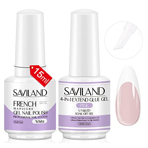 Saviland French Gel Nail Polish And Nail Glue Gel Set - 2Pcs 15Ml White Gel Nail Polish And Nudes 4-In-1 Gel Glue For Nails, Quick French Manicure Design For Starter Diy & Professional Nail Salon #TOP17