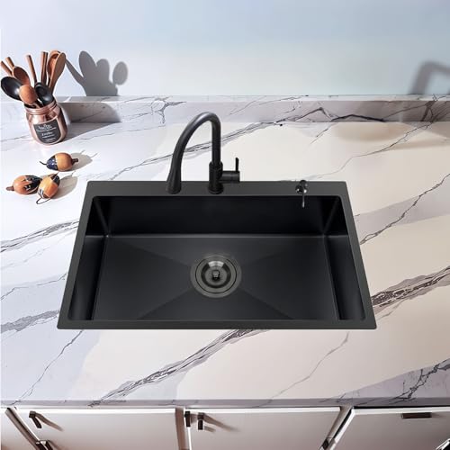 33 x 22 Inch Black Kitchen Sink, Topmount Drop In Stainless Steel Single Bowl Kitchen Sink, 16 Gauge Extra-Thick Modern Bar Prep RV Laundry Sinks with Dish Grid and Basket Strainer,VLSYJ3322BW by VALISY - Used condition - Image 3