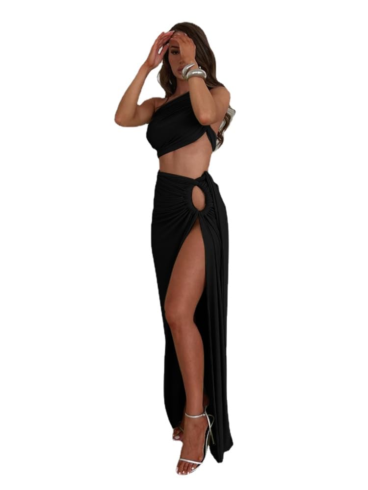 Women Sexy Maxi Skirt Set Y2k Strapless One Shoulder Hollow Out Tops High Split Skirt 2 Piece Party