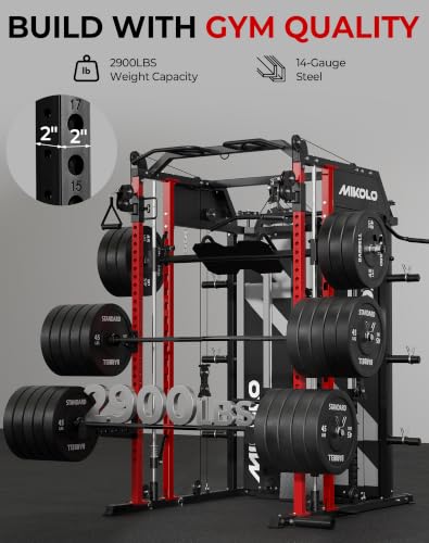 Image of Mikolo Smith Machine with Weight Stack, Power Cage Home Gym System with LAT Pulldown & Cable Crossover, Multi-Functional Trainer with Dual Pulley System, Includes 10+ Free Attachments
