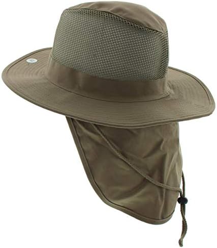 JFH GROUP Wide Brim Outdoor Safari Summer Mesh Crown Hat with Neck Flap (Khaki FBN, Medium)