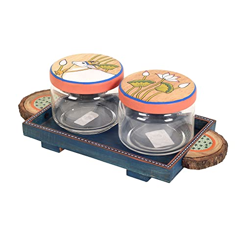 Image of AAKRITI ART CREATIONS Pichhwai Leela Snacks Storage Jars and Tray | Handcrafted Pichhwai Art Storage Jars | Kitchen Decoration Items Stylish Tray & Jars | Airtight Kitchen Containers with Tray