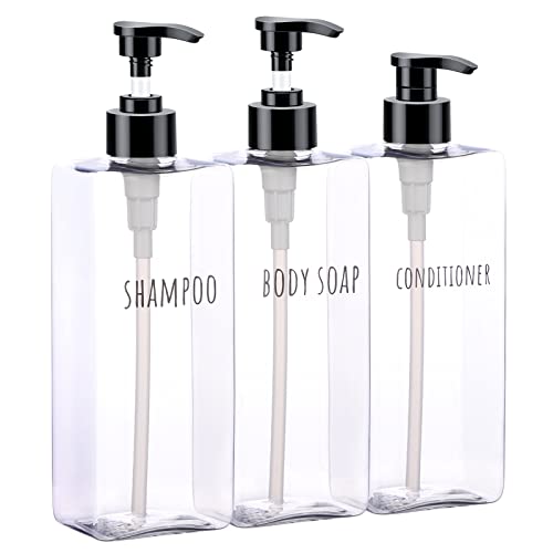 Image of Segbeauty Clear Square Shampoo Bottles, 3pcs 16.9oz Refillable Plastic Lotion Dispenser with Pump, 500ml Empty Reusable Bathroom Shower Bottle Dispense Shampoo Conditioner Body Soap Liquid Gel