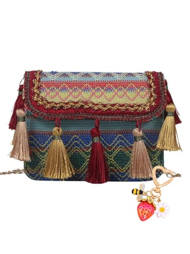 GearMstr Women's Boho Woven Crossbody Bag - Handcrafted Geometric Tassel Purse with Gold Chain, Summer Beach Shoulder Bag