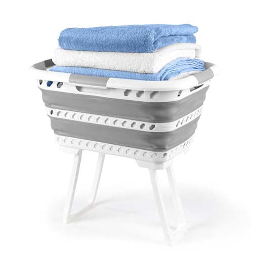 Beldray Standing 40L Laundry Basket – Collapsible Washing Basket with Foldable Legs, Compact, Easy to Clean, Convenient Carry Handles, Grey, Avoid Bending & Straining, Grey
