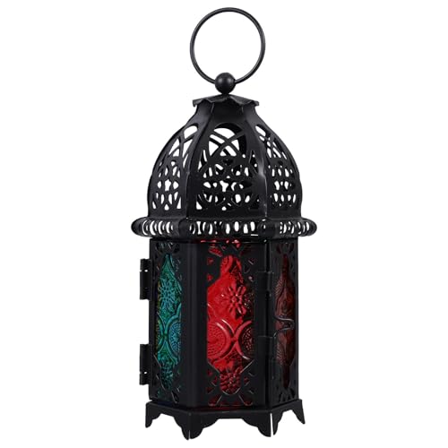 Gadpiparty Farol de vela negro con puerta abatible y ventana de cristal oscuro vintage de estilo marroquí, portavelas colgante de hierro y cristal, para fiestas y bodas