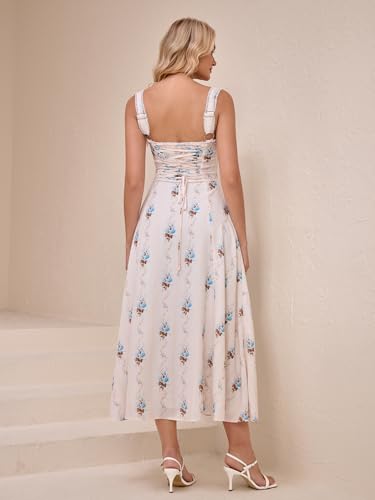 Image of KUTUMAI Floral Corset Midi Dresses for Women 2026 Lace Up Flowy Summer Wedding Guest Dress with Pockets
