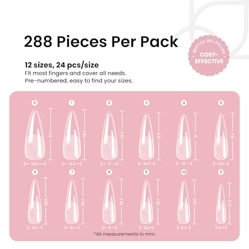 Image of Beetles Gel Nail Tips Etch-X, Stiletto Medium, 288Pcs 12 Sizes Pre-Etched