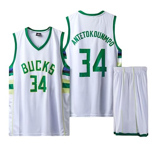 CLZWFZ Camiseta de Baloncesto de Aficionados Infantiles 34 Chalecos de Baloncesto Infantiles Blusas sin Mangas y Ropa Deportiva Pantalones Cortos Ropa Deportiva,Blanco,XXL
