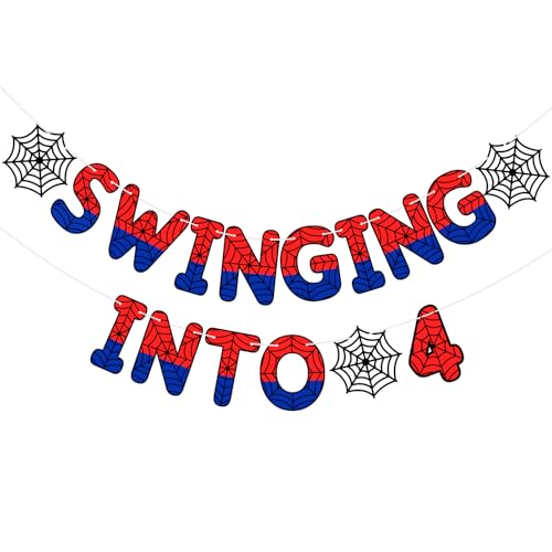 TaoBary Spider Theme 4th Birthday Banner, Pre-strung Swinging into 4 Banner, Spider 4th Birthday Decorations Party Supplies for Kids, Fourth Decor for 4 Year Old Boys Girls (Red and Blue)