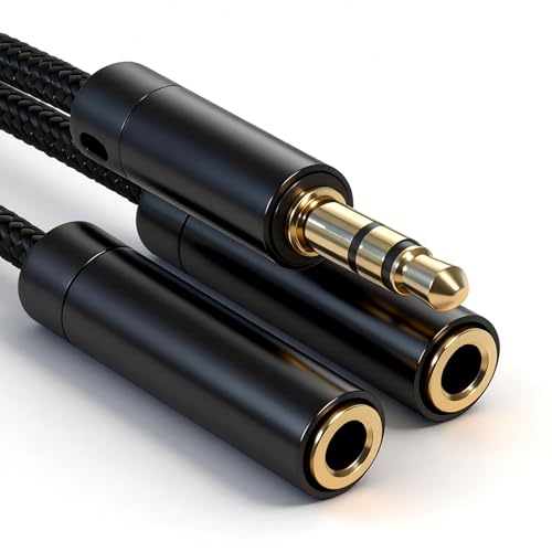 Tavirela 3.5mm Headphone Splitter, Premium Gold Plated Aux Cable Y Audio Splitter, Nylon Braided Stereo Dual Headphone Jack Cord 1 in 2 Way Out Headset Splitter for PC, Phones, Switch, Tablet