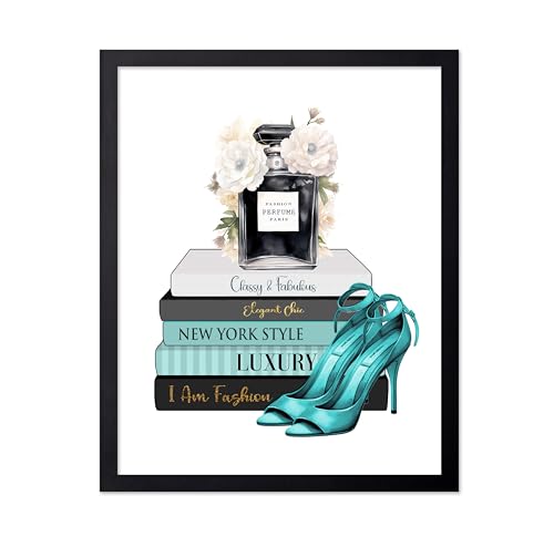 Image of Poster Master Fashion Print - Blue Designer Poster - Shoes & Perfume Art - Chic Gift for Her & Fashionista - Luxury Haute Couture Decor for Bedroom or Girl's Room - 11x14 Black Framed