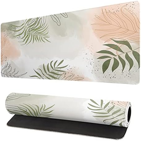 Boho Large Gaming Mouse Pad Kawaii Mousepad Matcha Green Plant Abstract Desk pad Women Pink Mouse mat Desk mat Keyboard mat for Desktop Gamer Girl Accessories Office Accessories, 31.5 X 11.8 Inch