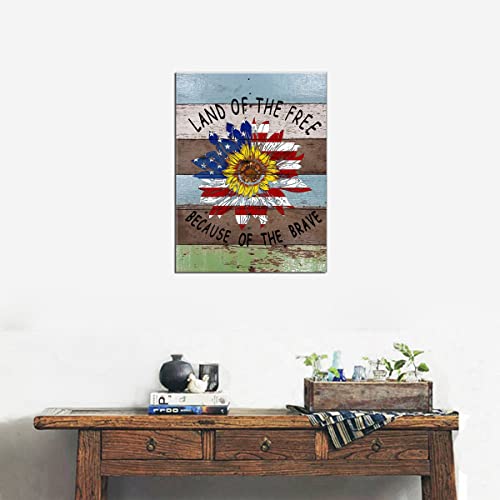 American Flag Sunflower Canvas Wall Art Inspirational Brave Quotes Wooden Grain Canvas Print For Nursery Kids Boys Room Wall Art Framed (Sunflower Wooden, 12X16Inch) #TOP5