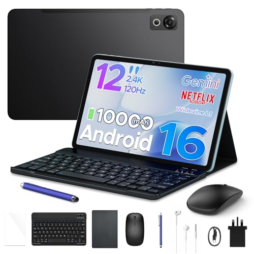 POCKAM P12 Android 16 Tablets (2026), 120Hz 2.4K 12 Inch Tablet with Gemini AI, 48GB+128GB/2TB, Unisoc T7280 Octa-Core, 10000mAh, 13MP+8MP, Face ID, Widevine L1, 3.5mm Headphone, Keyboard, Pen, Black
