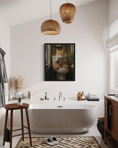 Image of Cat 3 on Toilet Black Framed Wall Art Print Poster, Dog Bathroom Humor Decor Posters Prints for Restroom Home Picture Painting Artwork Gallery 7 (Cat 3, 20 inchL x 16 inchW, Black Frame)