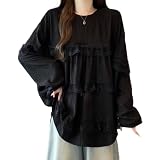 [Boretipseo] Tシャツ レディース トップス 長袖 レース 切り替え 花柄 ブラウス タック ニットソー プルオーバー クルーネック 柔らか 体型カバー 大きいサイズ ファッション エレガント 普段着 通勤 春 秋