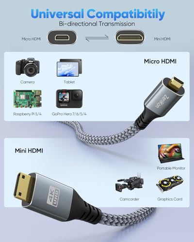Image of 4K Micro HDMI to Mini HDMI Cable 15FT for Raspberry Pi 5 /4 Camera to Portable Monitor, High Speed Mini HDMI Type C Male to Micro HDMI Type D Male Cable Braided Cord 4K@60Hz, 2K, 1080P, 3D