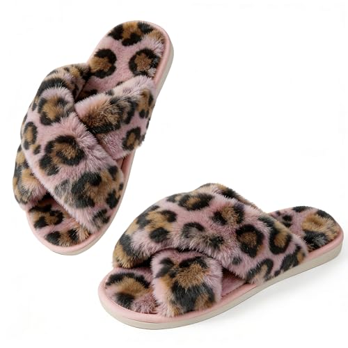 Image of Ankis Women's Fuzzy Slippers Cross Band Memory Foam Open Toe Comfy Soft House Shoes Anti-Slip Indoor Outdoor Gifts for Women