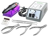 KOMPLETTE FUßPFLEGE AUSSTATTUNG - Komplettes Gerät 1 x Fräser Handstück, 1 x Steuergerät, 1 x Ablage für Handstück, 5 x Diamantschleifer, 1 x Schleifhülsen Träger, 6 x Schleifhülsen für die Hornhautentfernung mit 5 Teiligem Fußpflege Nagelzangen Instrumenten Set.