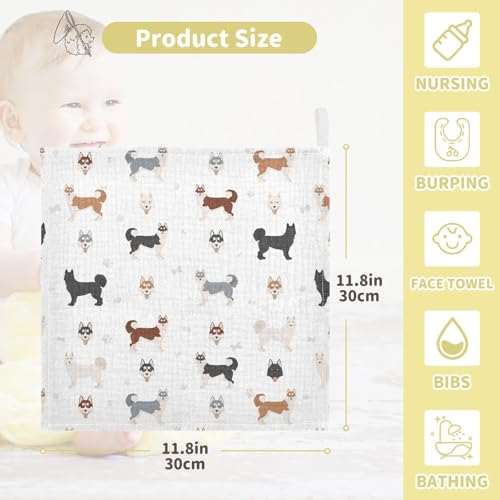 Image of vvfelixl Baby Cotton Washcloths Siberian Husky Dog Infants Bath Towel for Unisex Puppy Face Towels for Newborn, Natural Baby Wipes Delicate Skin, 11.8 X 11.8 inch, one sizex3