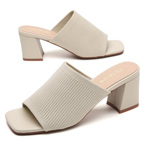Image of Tilocow Knit Heeled Sandals for Women Square Open Toe Heeled Mules Chunky Block Low Heel Slip On Slides