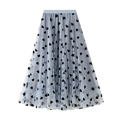Falda midi de tul con diseño de corazón kawaii para mujer, cintura elástica alta,...