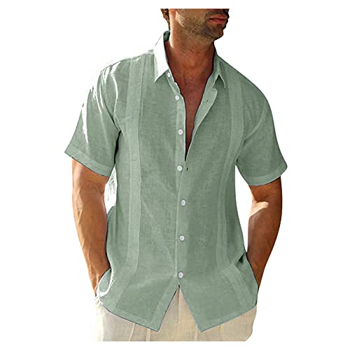 Camisas de manga corta con botones para hombre, con borde bordado casual, cuello de banda sólida,...