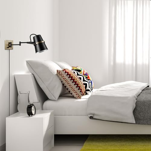 Image of GLOBE Electric 51345 1-Light Plug-in or Hardwire Swing Arm Wall Sconce, Matte Black, Brass Accents, 6ft Black Woven Fabric Cord, Flat Plug, Rotary On /Off Switch, Wall Lighting, Bulb Not Included