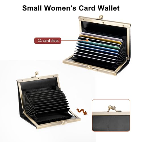 Image of GOIACII Credit Card Holder Vintage Wallet for Women Genuine Leather Ladies Card Cases with Kiss Lock Small Black