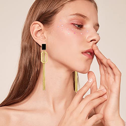 Chic Gold Long Tassel Dangle Drop Earrings Unique Fashion Geometric Black Square Metal Chain Earrings Statement Jewelry for Woman Girls2