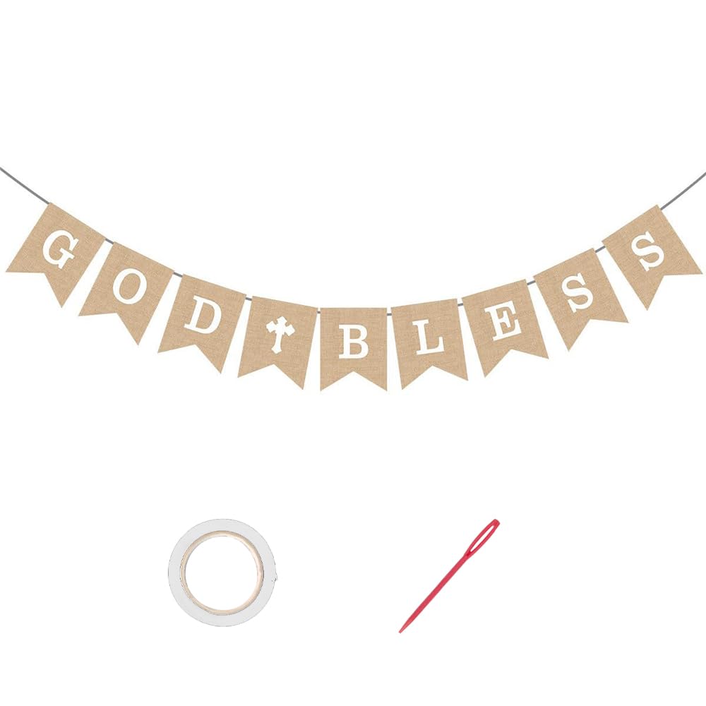 Baptism Decorations for Girls Boys, First Communion Decorations, God Bless Banner, HSC Light Linen Christening Banner with Cross Design for Baby Girls Boys ﻿