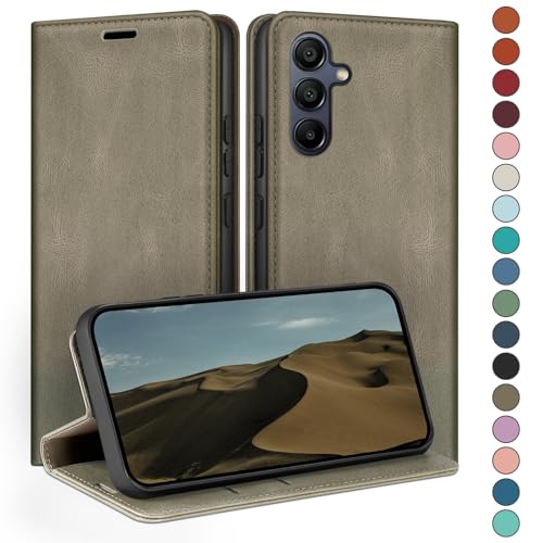 Coque Samsung Galaxy A34 5G HUOUH étui à rabat en cuir premium gris