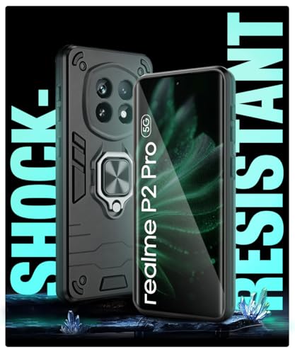 Image of WOW IMAGINE Shock Proof Back Case Mobile Cover for Realme P2 Pro 5G | Back Cover Case (Tough Armor | Hybrid PC + TPU | Ring Holder & in-Built Kickstand | Black)