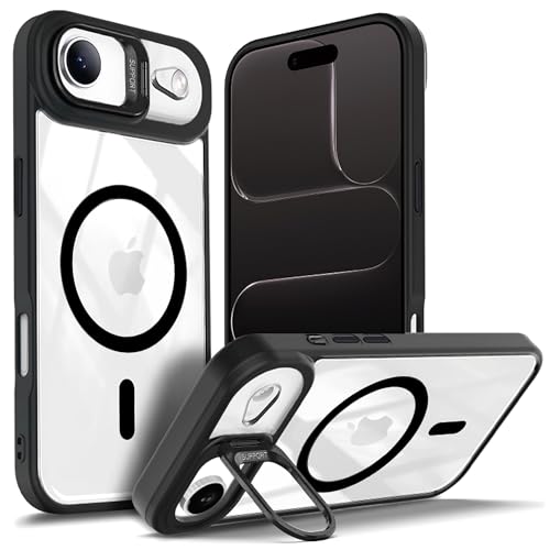 Image of VONZEE Clear Camera Kickstand Case for iPhone 17 Air, Built-in Adjustable Camera Stand, Clear Magnetic Mag-Safe Shockproof Classic Series Phone Cover (Black)