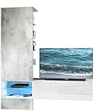 Vladon Wohnzimmer Wohnwand Anbauwand Manhattan, Korpus in Weiß matt/Fronten in Weiß Hochglanz, Paneel in Beton Oxid Optik mit LED Beleuchtung