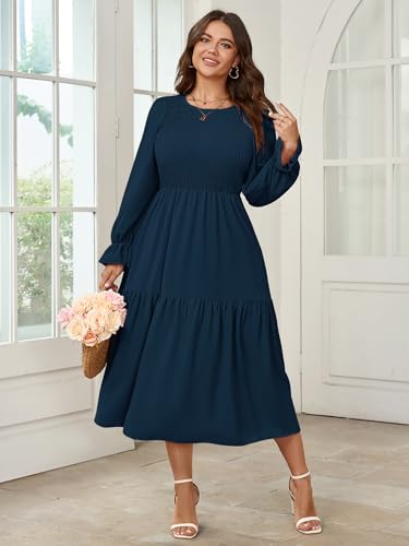 Image of SHESTARR Women's Plus Size Dress Long Sleeve Crewneck Smocked Tiered Flowy Boho Wedding Party Maxi Dresses