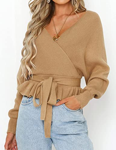 Zesica Women's Wrap V Neck Long Batwing Sleeve Belted Waist Ruffle Knitted Sweater Pullover Top,Camel,Medium #TOP1