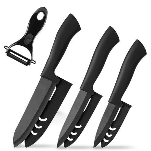 MUXUN Keramikmesser Set, Scharf 4er Pack Messerset, Mehrfunktionalmesser, Obstmesser, Gemüsemesser und 1 Sparschäler