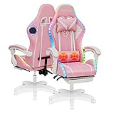 Geepro Pink Gaming Chair Massage with Bluetooth Speakers and RGB LED Lights for Girls Cute Computer...