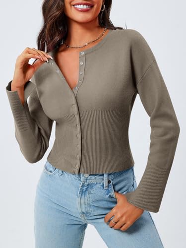 Image of Saodimallsu Womens Cropped Sweaters Cardigan | Button Down,Long Sleeve,V Neck,Ribbed Knit,Slim Fit ,Pullover Crop Tops