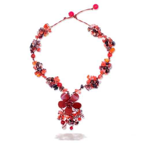 NOVICA Handmade Multi Gemstone Beaded Pendant Necklace | Floral Design | Smoky Jasper | Bead Choker | Assorted Stone Jewelry | Toggle Carnelian Stone | Dazzling Bloom 15.25