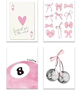Trendy Pink Wall Art Set of 4, Coquette Preppy Wall Decor, Pink Bows Cherry Room Decor Aesthetic ...