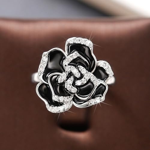 White Gold Plated Cubic Zirconia Vintage Black Enamel Flower Design Statement Ring Personalized Accessory Ideal for Women's Daily Casual Wear Party Holiday Anniversary Love Jewelry Gift3