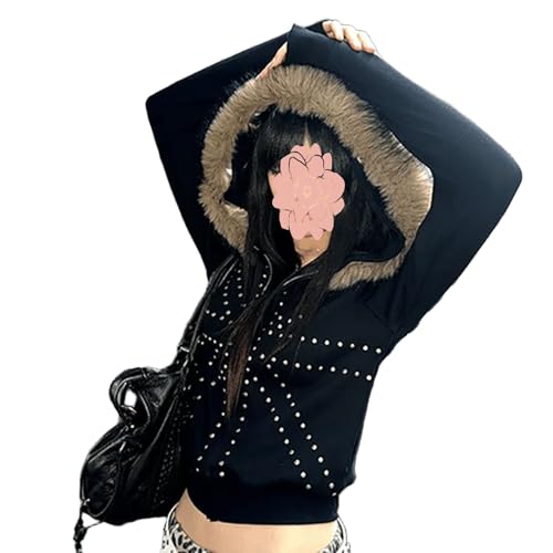 CBDAO Gothic Womens Black Fur-Trimmed Studded Zip-Up Hooded Jacket Y2K Punk Street Fall Winter Warm Long Sleeve Coat (Large Black)