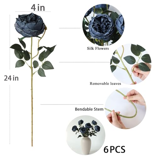 Image of mizii 6Pcs Burnt Blue Artificial Roses Flowers Fake Silk Roses Flower with Long Stem for Wedding Decorations Table Centerpieces Flower Arrangement Home Decor (Burnt Blue)