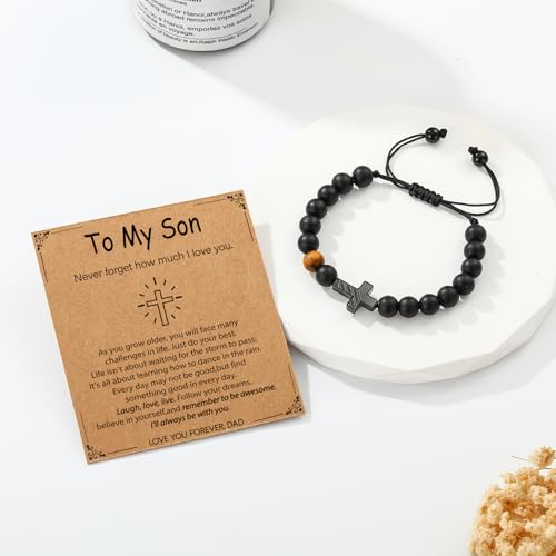 Image of P. BLAKE Cross Bracelet for Boys Men, American Flag Cross Natural Beads Bracelet Christian Religious Birthday Jewelry Gifts for Teen Boys